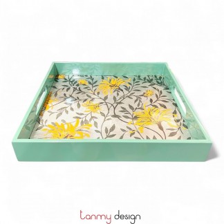 Green square lacquer tray with chrysanthemum pattern 28*H4cm